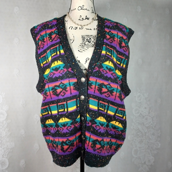 Vintage Black Colorful Pattern Marled Sweater Vest 1X - Picture 2 of 9